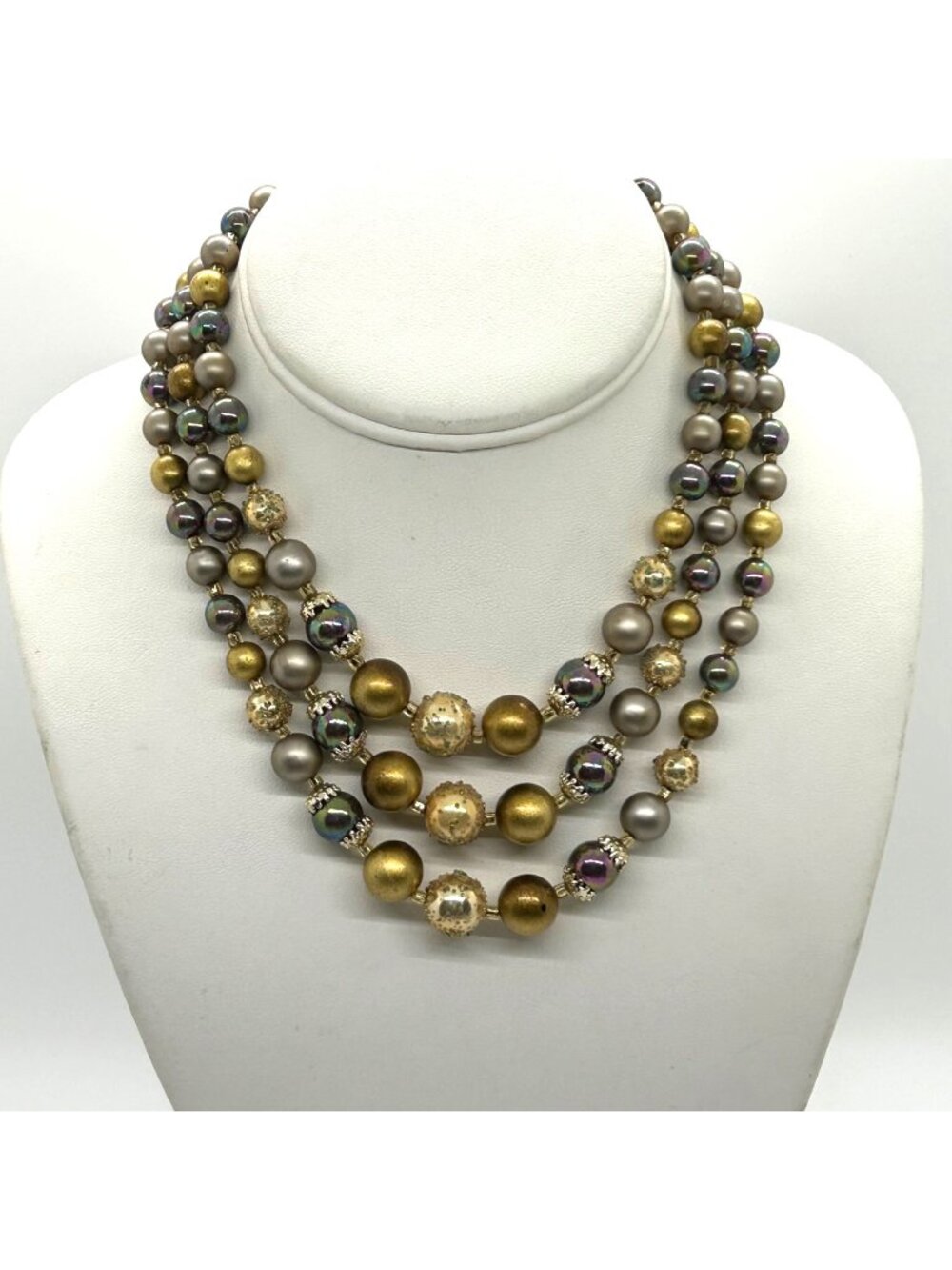 Vintage Multi-Strand Necklace Iridescent Gold Tone Pearlescent Beads Pro Formal